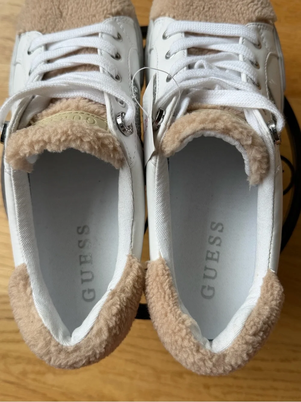 GUESS Women’s White Glitter Accent Teddy Trim Sneakers